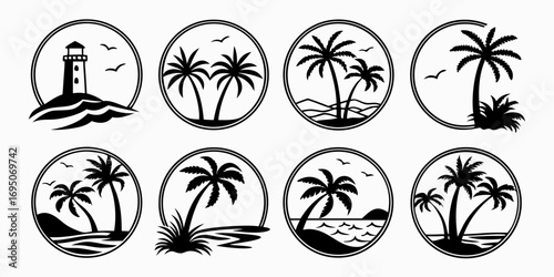 Tropical Beach and Lighthouse Circular Icons.