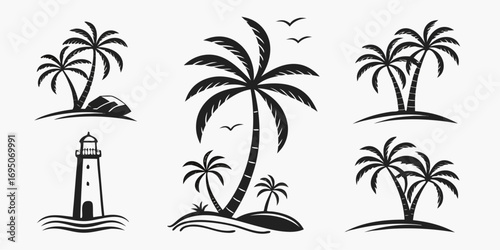 Tropical Palm Trees and Lighthouse Silhouettes