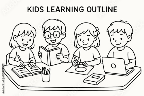 Kids Learning Outline Illustration – Children Studying, Reading, Drawing, Online Education