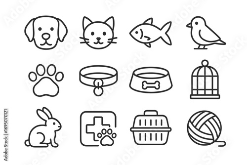Pet Care Line Icon Set with Animals and Accessories