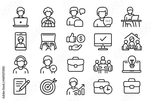 Business and Freelance Line Icon Set – Work, Communication, Money, Remote Job
