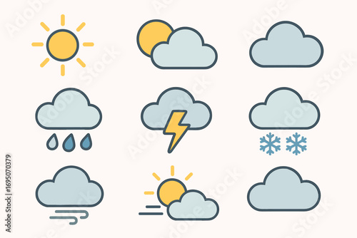 Weather Forecast Icons Set – Sun, Cloud, Rain, Storm, Snow, Moon, Wind, Fog