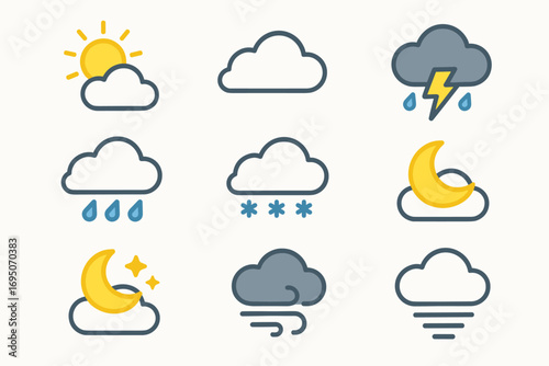 Weather Forecast Icons Set – Sun, Cloud, Rain, Storm, Snow, Moon, Wind, Fog