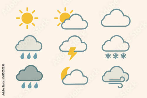 Weather Forecast Icons Set – Sun, Cloud, Rain, Storm, Snow, Moon, Wind, Fog