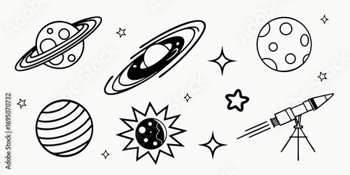 Whimsical Space Elements Collection with Planets and Telescope