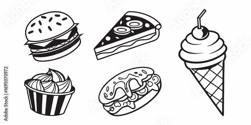 Assorted Fast Food Icons: Burger, Pizza, Ice Cream, Cupcake, Hot Dog