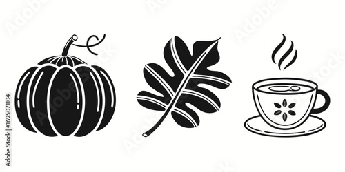 Autumn Icons: Pumpkin, Leaf, and Hot Drink