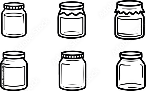 Set of six hand drawn empty jars and bottles with lids, isolated on transparent background