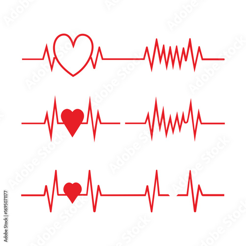 Artistic heartbeat ekg lines with red hearts representing life and health vital signs