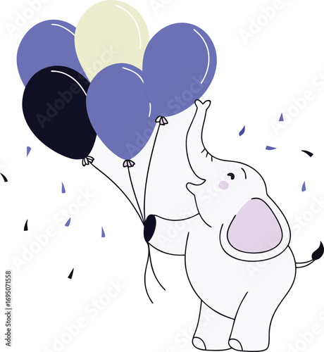 Cute white elephant holding a bunch of balloons with confetti on a white background purple