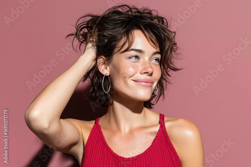 Stylish young woman with glowing skin, hoop earrings, and tousled short brown hair smiling confidently in a red top against a pink background, radiating joy and beauty.