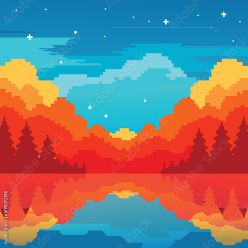 Pixel art sunset over forest and lake with reflections