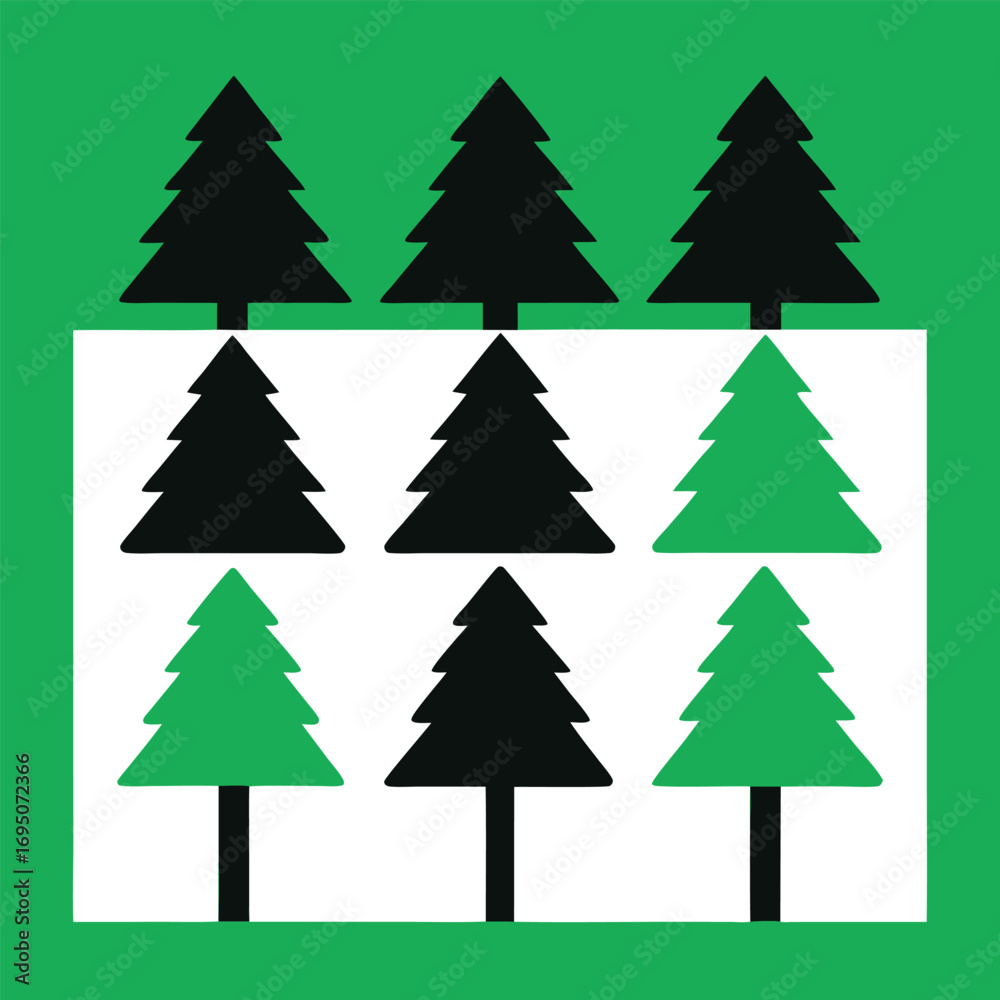 Obraz premium Six Black And Three Green Christmas Trees On A Green Border