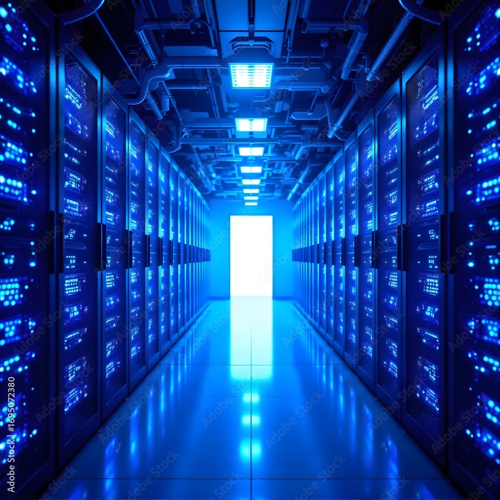 Fototapeta premium Illuminated Data Center Corridor with Rows of Servers