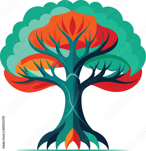 Stylized tree with vibrant orange and teal foliage on black