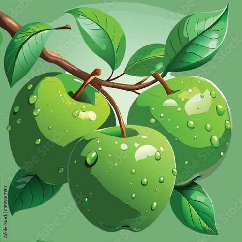 Three ripe green apples with water droplets on a branch