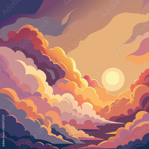 Vibrant Sunset Sky with Illuminated Clouds Keywords: sunset, sky, clouds, colorful, orange, pink