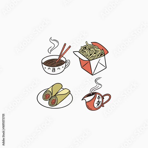 Collection of hand drawn chinese food doodle icons featuring wok noodles and various delicious asian cuisine elements