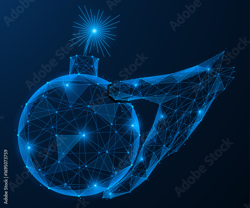 The danger is in the digital network. The hand holds a round bomb with a burning fuse. Low-poly design of interconnected lines and dots, blue background.