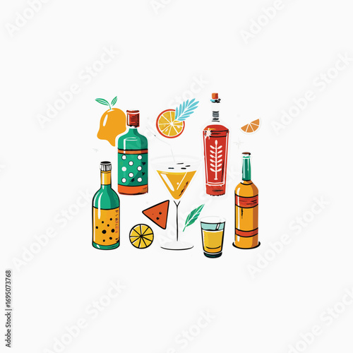 Hand drawn doodle bar drinks set featuring whiskey glass and assorted alcoholic beverages for creative projects