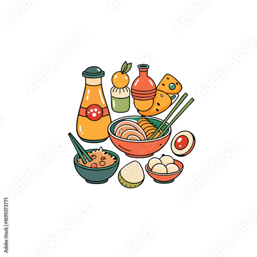 Charming hand drawn doodle asian food set featuring a delicious ramen bowl illustration