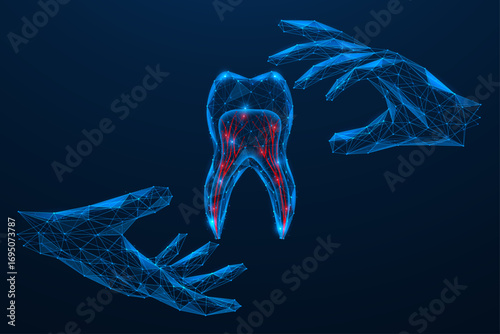 Dental care. Dentist's hands protecting the tooth. Polygonal design of interconnected lines and dots, blue background.