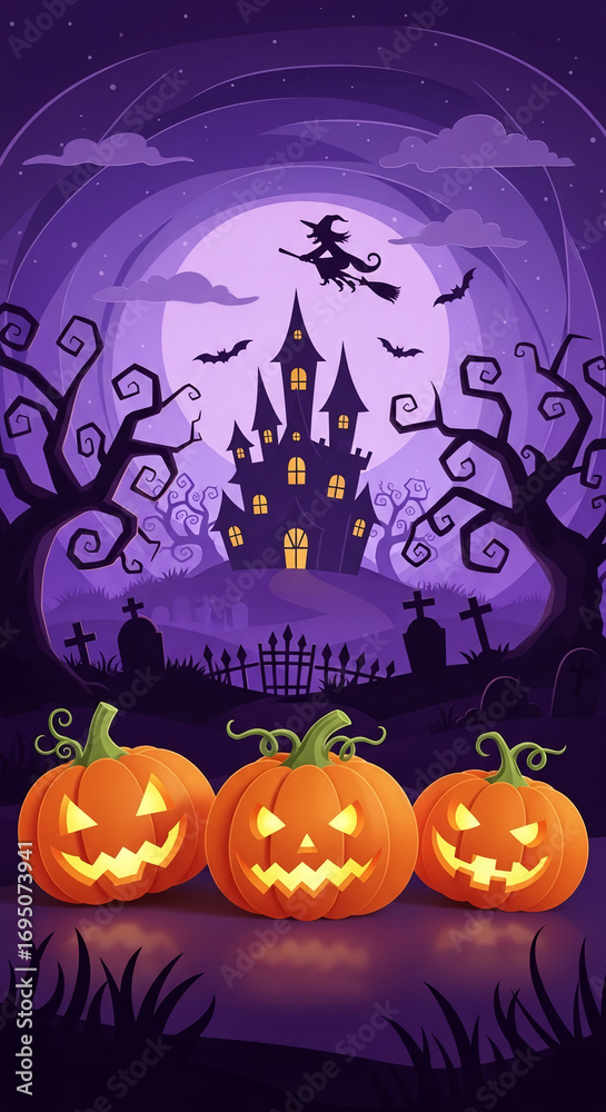 Fototapeta premium Halloween scene: illuminated jack-o'-lanterns in front of a haunted castle under a full moon, bats and witch flying overhead Symbolizes spooky season, celebration, autumn