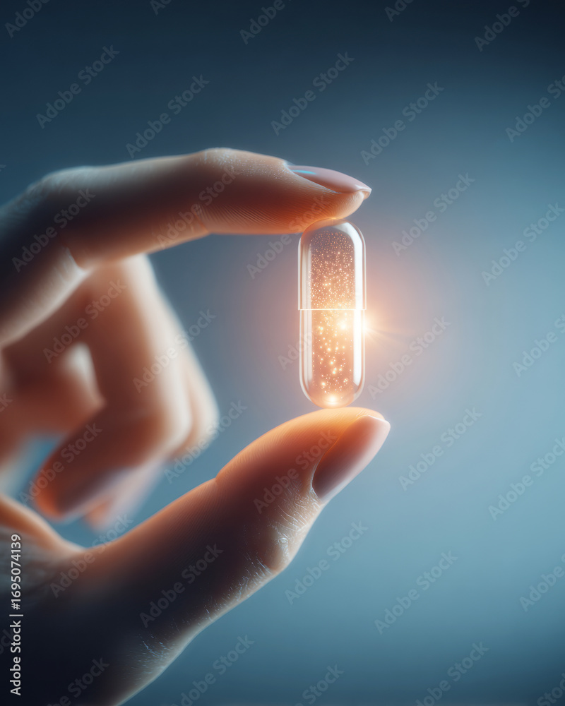 custom made wallpaper toronto digitalHand Holding Futuristic Smart Pill with Glowing Particles in Transparent Capsule. AI generative