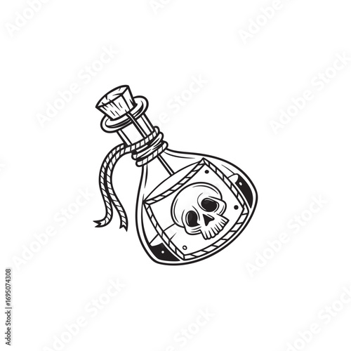 Creepy line art illustration of a vintage potion bottle with a menacing skull label for horror themed designs