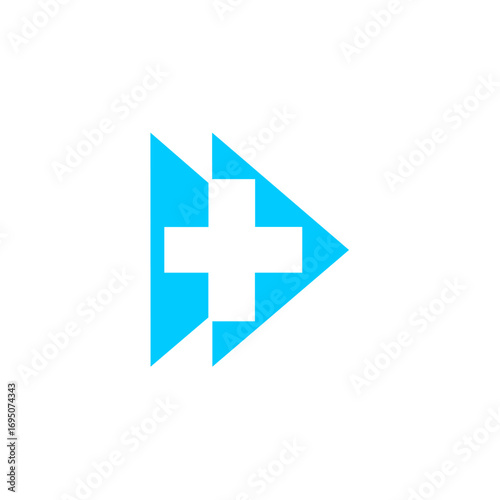 Modern abstract blue geometric shape with white plus symbol for health and technology