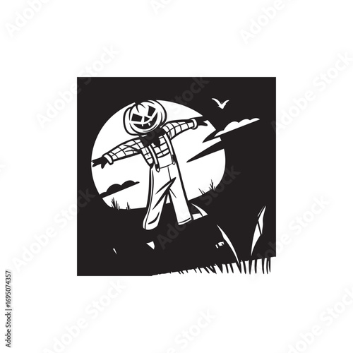 Stylized line art scarecrow icon with a distinctive pumpkin head for autumnal and halloween themed designs
