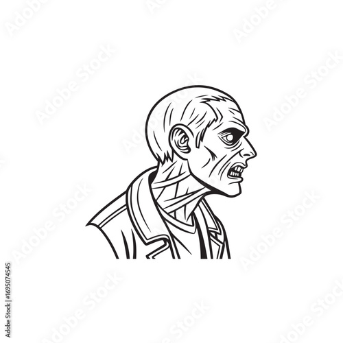 Minimalist outline horror zombie face icon design featuring a stylized line art illustration of the undead