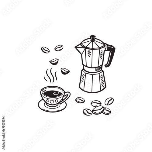 Minimalist doodle style coffee icons featuring a cup and a moka pot for beverage and cafe related designs