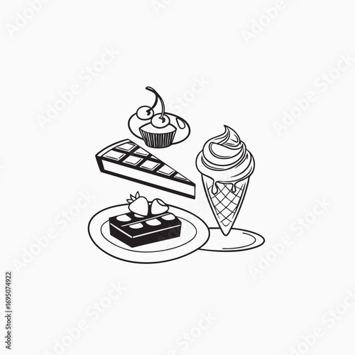 Charming hand drawn minimalist dessert collection featuring sweet treats like cakes ice cream and pastries