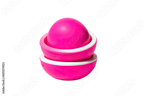 Pink lip balm sphere, open container, studio shot, beauty product