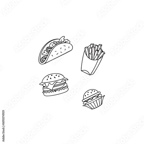 Minimalist sketch style fast food icons featuring a taco burrito and other delicious mexican food items