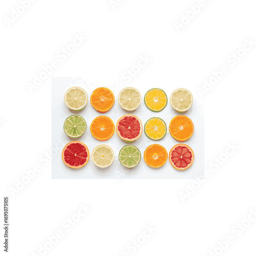 Vibrant citrus medley flat design featuring sliced oranges lemons limes and grapefruits in a refreshing arrangement