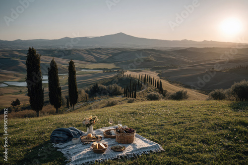 delightful picnic on lush green hill overlooking picturesque landscapes of tuscany