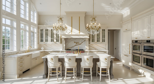 Wallpaper Mural Elegant luxury kitchen interior with chandeliers, marble counters and bright windows Torontodigital.ca