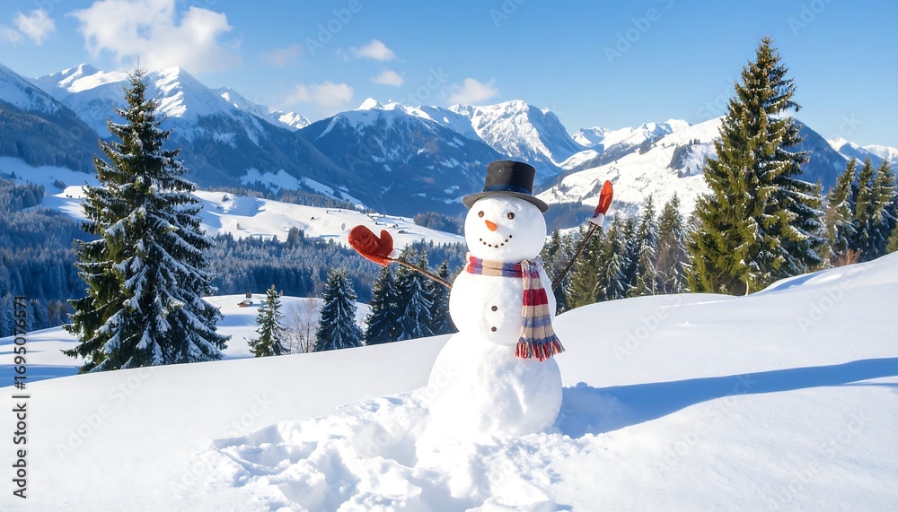 Obraz premium Happy snowman in snowy mountains