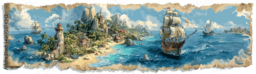 Galleon approaching tropical island with lighthouse on treasure map