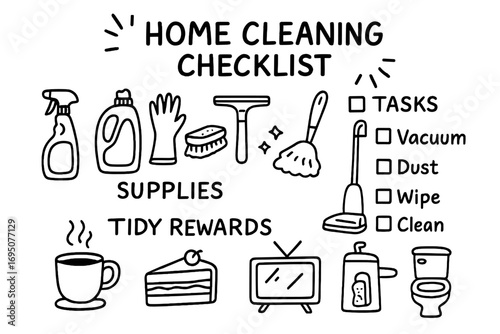 Home Cleaning Doodle Set. Home cleaning checklist doodle set: hand drawn icons for supplies, tasks, and tidy rewards, isolated
