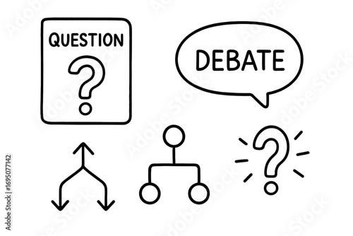 Critical Thinking Doodles. Critical thinking for kids doodle set: hand drawn icons for question cards, debate bubble, decision