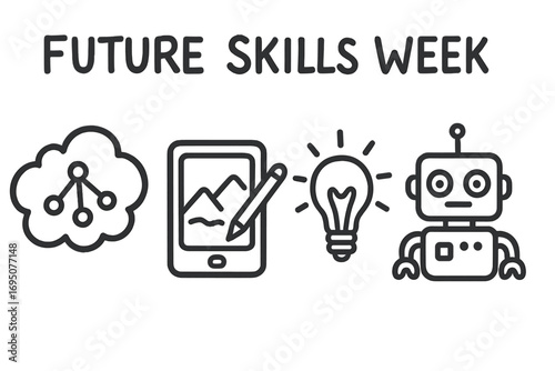 Innovative Tools Icons. Future skills week doodle set: hand drawn icons for brainstorm cloud, digital sketchpad, idea lightbulb,