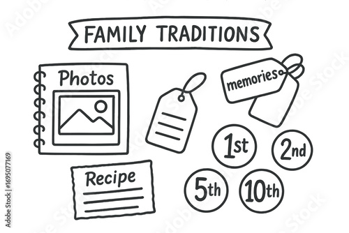 Family Traditions Scrapbook. Kids screen-free rewards doodle set: hand drawn icons for park token, library pass, bake time, and