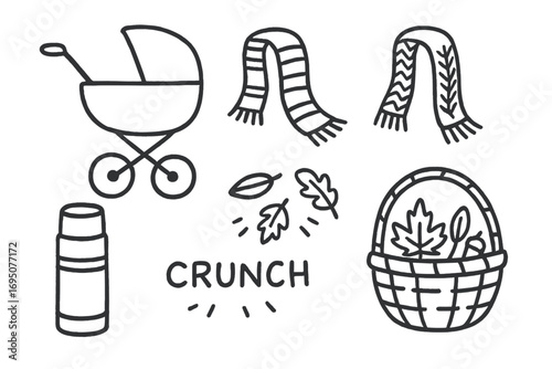 Autumn Family Walk Doodles. Family fall walk doodle set: hand drawn icons for stroller, scarves, thermos, crunch leaves, and