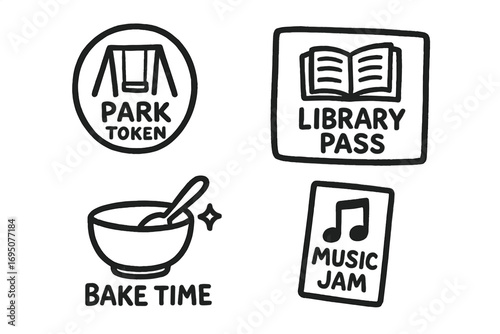 Screen-Free Rewards Icons. Online safety for kids doodle set: hand drawn icons for strong password, report button, stranger alert,