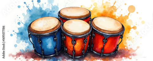 Vibrant watercolor conga drums in rich colors. Handcrafted percussion instruments with wooden barrels, drumheads. Abstract splatter art style with blue, orange, red hues. Melodic harmony, folklore