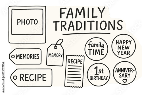 Family Traditions Scrapbook. Family traditions scrapbook doodle set: hand drawn icons for photo page, memory tags, recipe