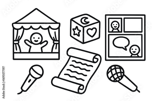 Storytelling Icons Doodle. Children’s storytelling hobby doodle set: hand drawn icons for puppet stage, story cube, comic strip,